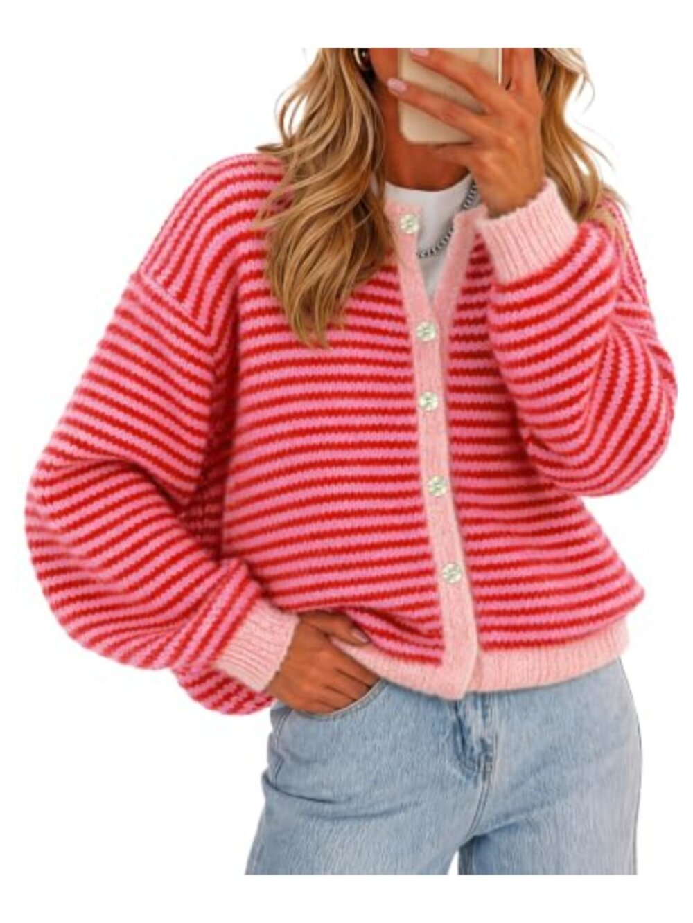 Striped Button Up Cardigan Long Sleeve Knit Sweater Oversized Loose Fit